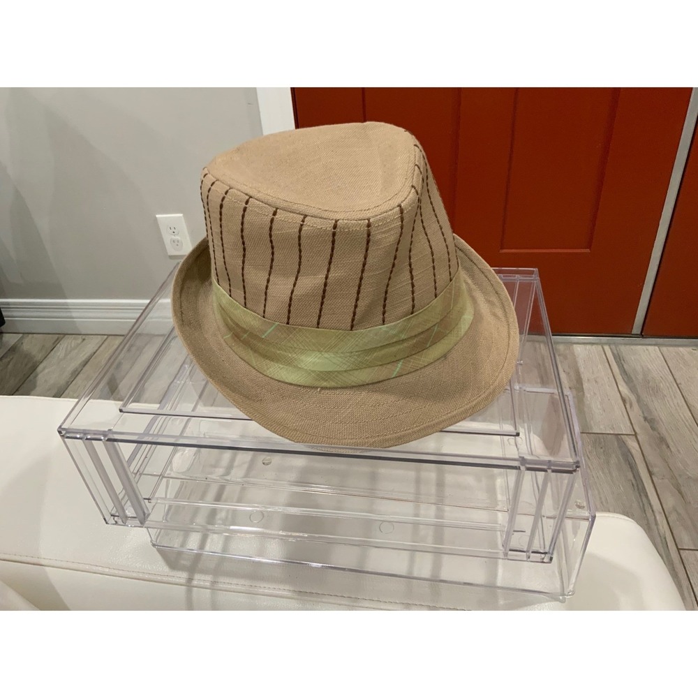 Goorin Bros Tan Stitched Stripe Fedora Hat with Green Plaid Band Mens